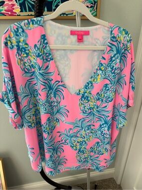 Bright Pink Tropical V-Neck Blouse with Teal Pineapple Print